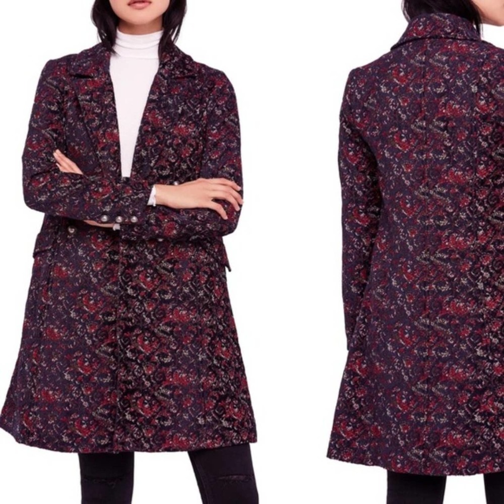 FREE PEOPLE NWT Retro Boho Long Floral Red & Purple Coat – RARE – Medium - Picture 3 of 16
